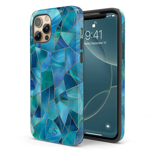 Custom Initials Blue Abstract Stained Glass iPhone Case